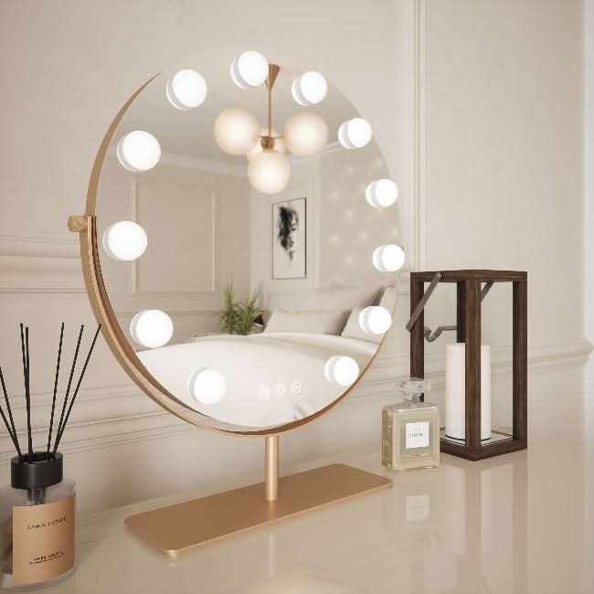 Hawn Gold Round Hollywood Mirror on vanity with LED lights, star dressing room style, 42x48cm, elegant glamour for home.